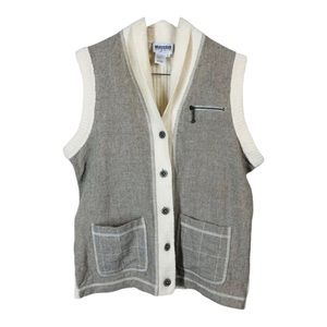 Leonard STUDIO Vintage Grey Beige  90% Wool Cardigan Sweater Vest Small